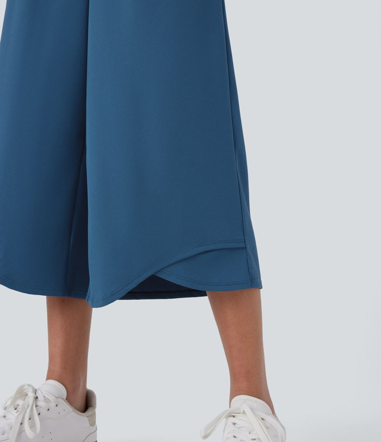 Sleeveless Pockets Crossover Hem Capri Wide Leg Waffle Knit Casual Jumpsuit