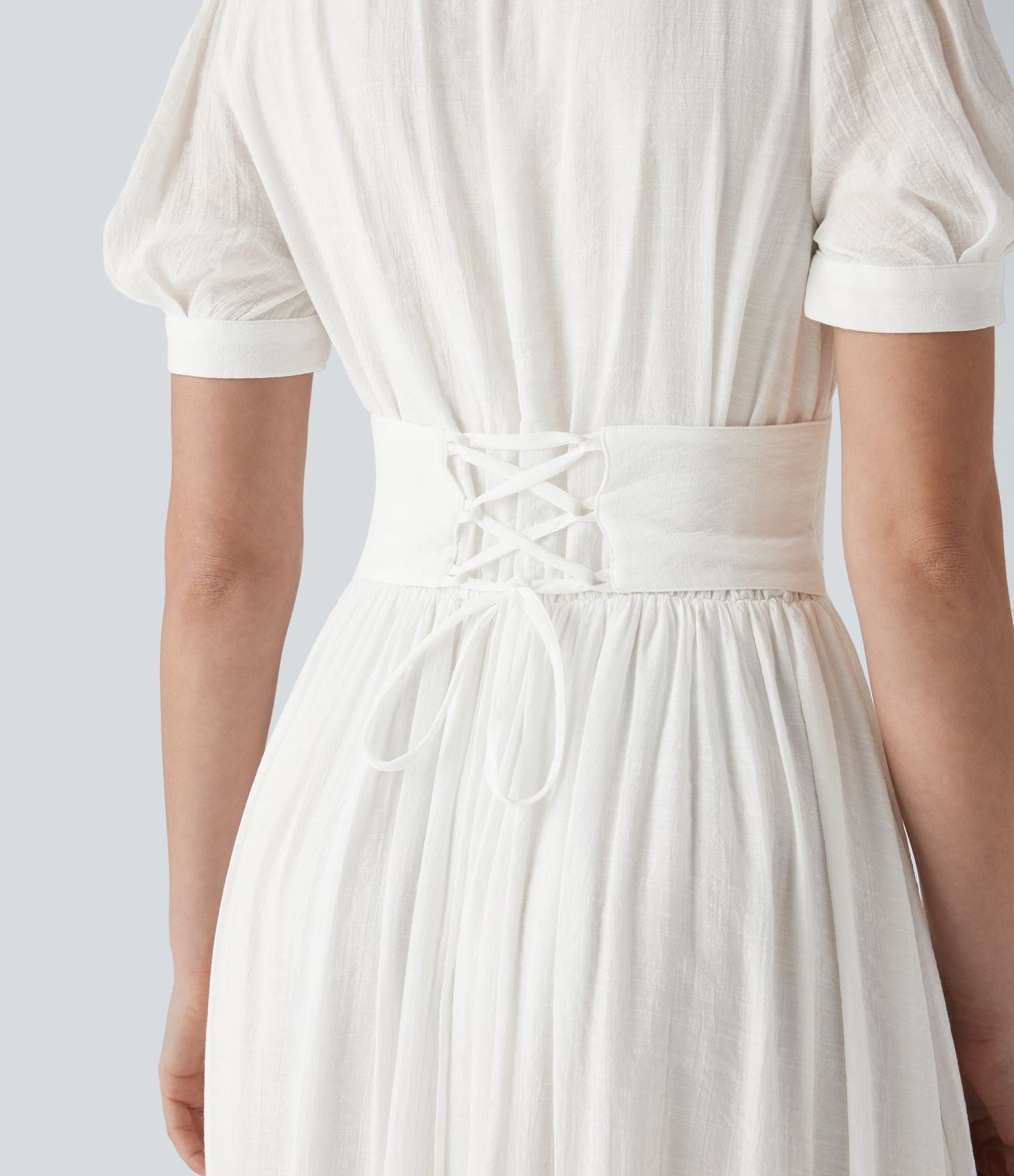 Square Neck Puff Sleeve Lace Up Cinched Waist Flowy Maxi Dress