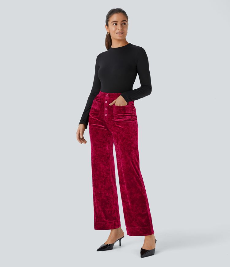Pantalon en velours taille haute, coupe slim, avec poches et style décontracté