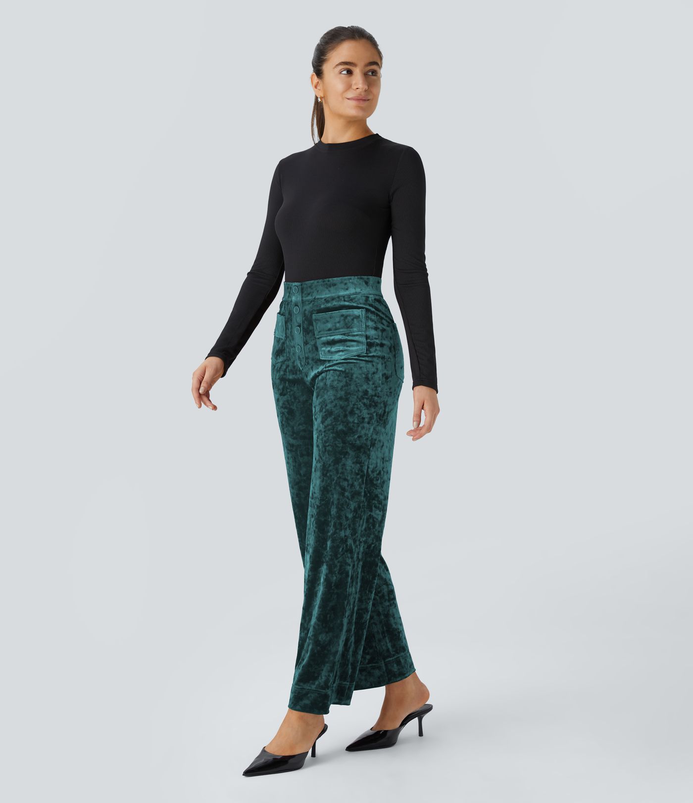 High Waisted Button Multiple Pockets Straight Leg Velvet Casual Trousers