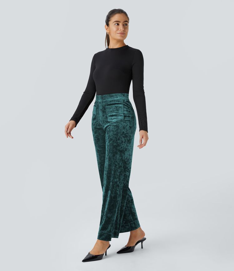 High Waisted Button Multiple Pockets Straight Leg Velvet Casual Trousers