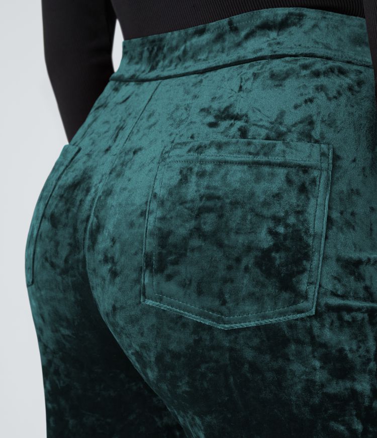 High Waisted Button Multiple Pockets Straight Leg Velvet Casual Trousers