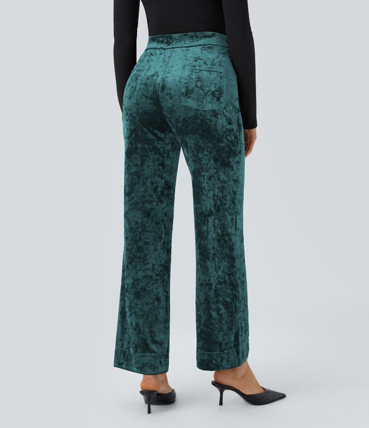 High Waisted Button Multiple Pockets Straight Leg Velvet Casual Trousers