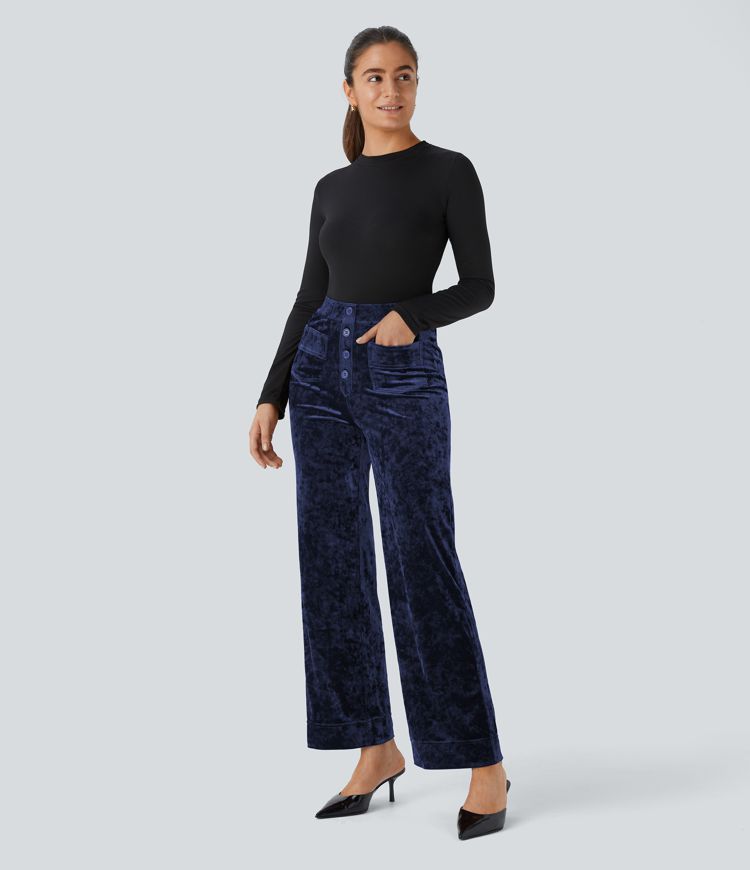 High Waisted Button Multiple Pockets Straight Leg Velvet Casual Trousers