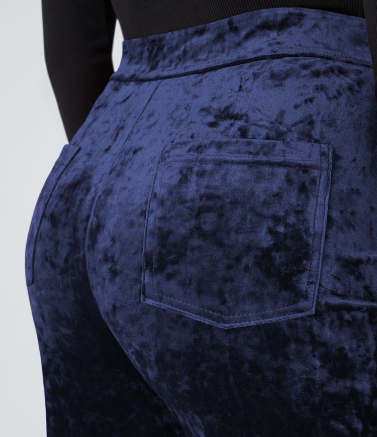 High Waisted Button Multiple Pockets Straight Leg Velvet Casual Trousers