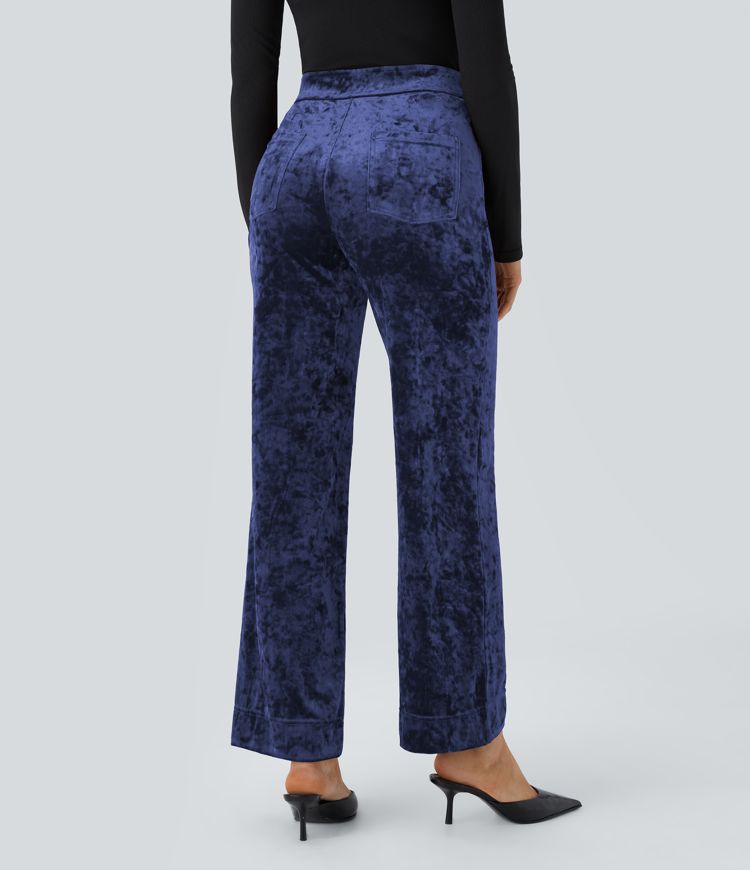 High Waisted Button Multiple Pockets Straight Leg Velvet Casual Trousers
