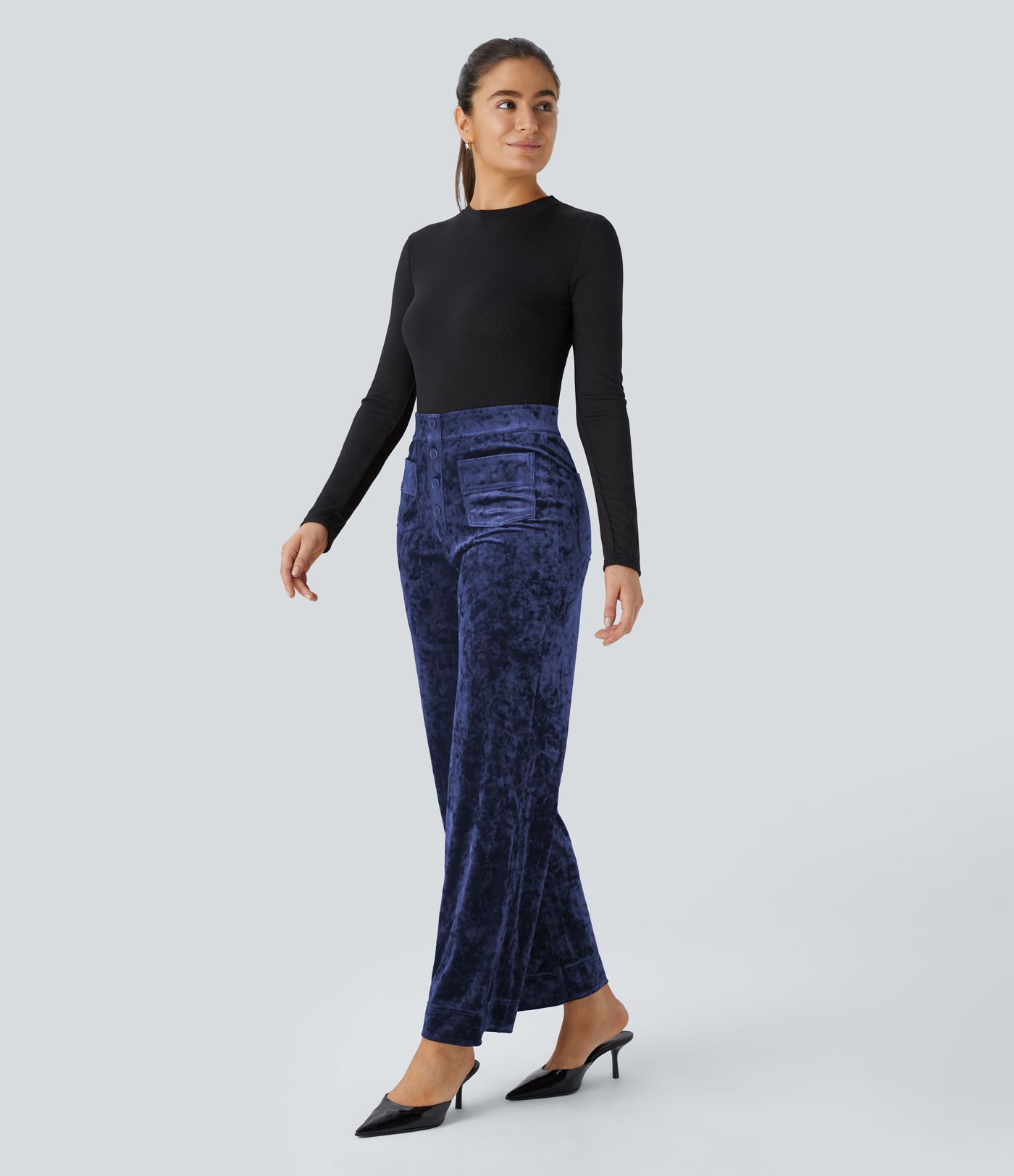 High Waisted Button Multiple Pockets Straight Leg Velvet Casual Trousers