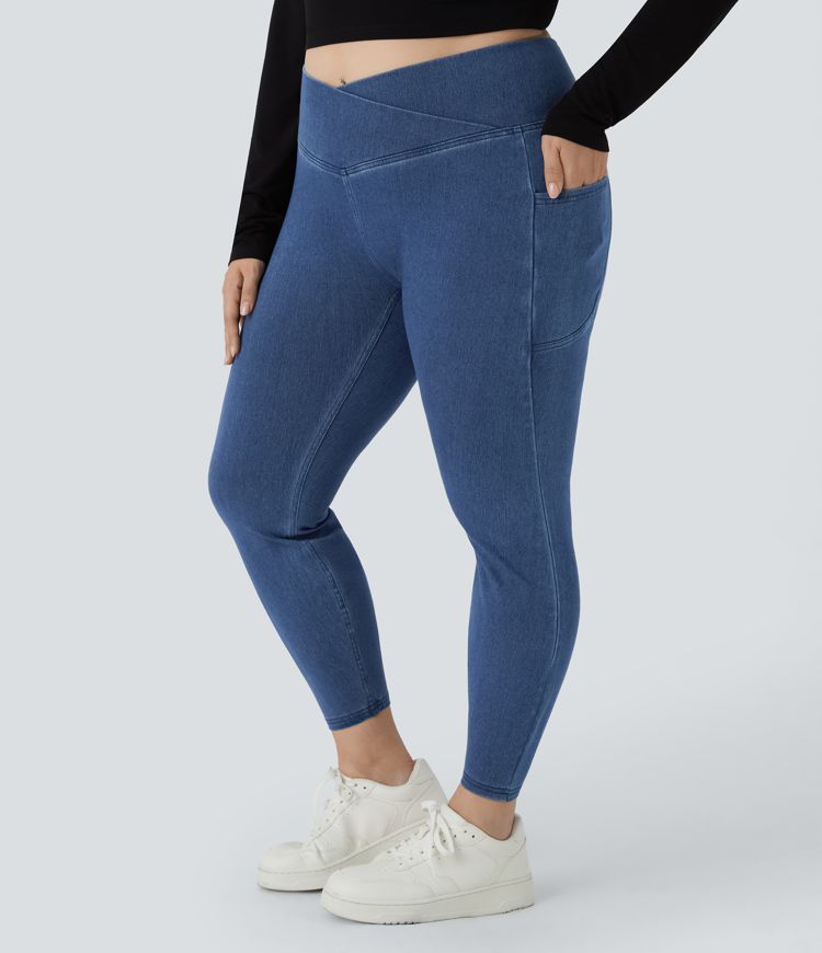 Halara Flex™ Crossover Side Pocket Washed Stretchy Knit Denim Work Plus Size Leggings
