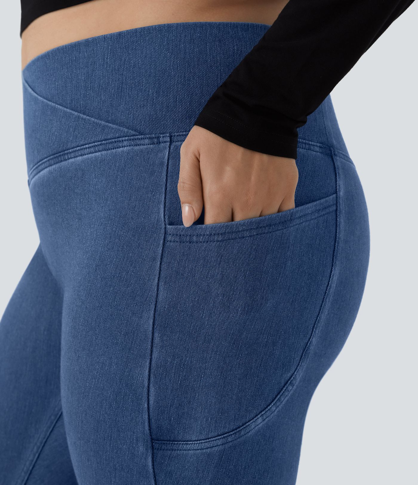 Halara Flex™ Legging Travail Denim Tricoté Extensible Lavé Poche Latérale Croisée Grande Taille