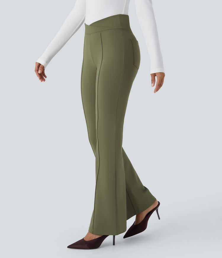 Pantalon évasé de ville Softlyzero™ thermique effet croisé taille haute avec poches arrière