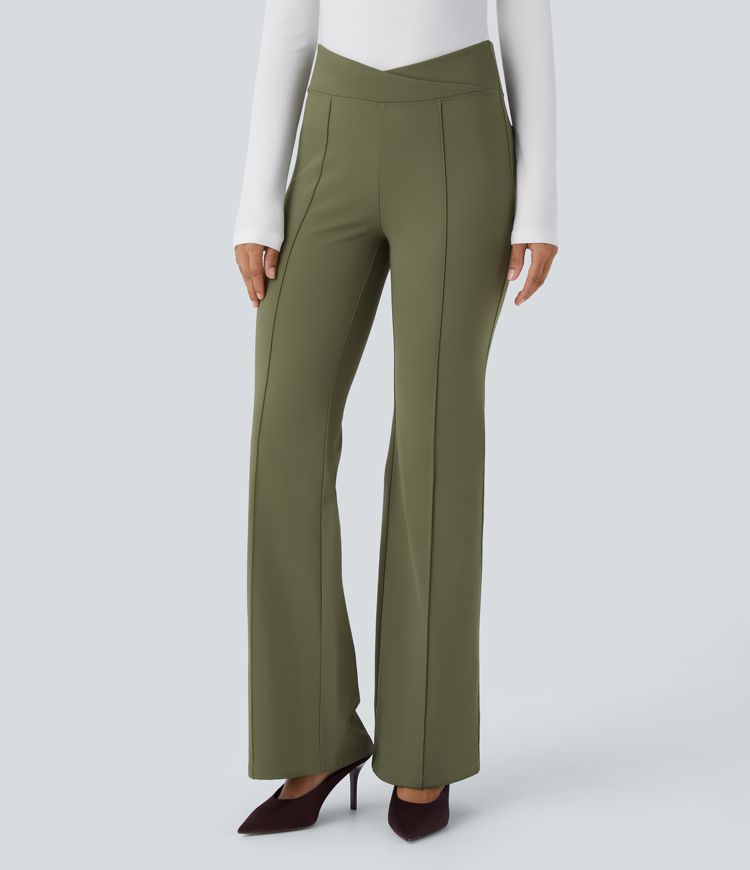 Pantalon évasé de ville Softlyzero™ thermique effet croisé taille haute avec poches arrière