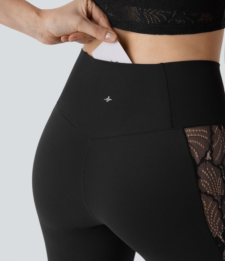 SoftlyZero™ High Waisted Crossover Contrast Lace Capri Yoga Leggings-UPF50+