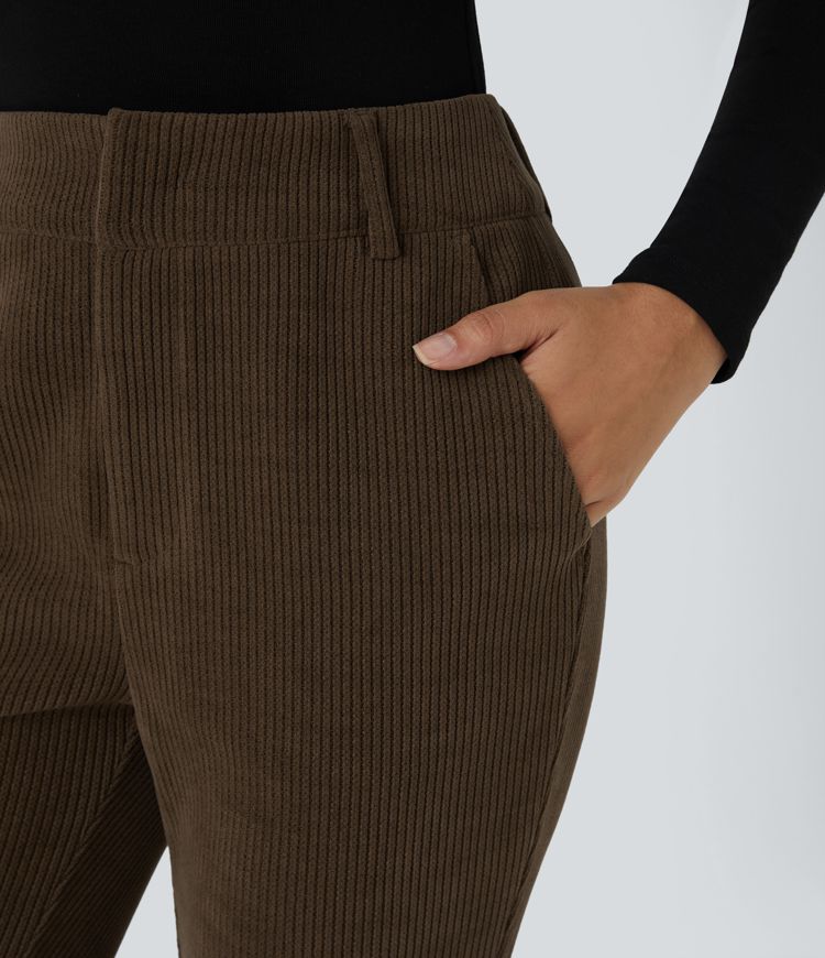 High Waisted Side Pocket Chenille Work Slight Flare Trousers