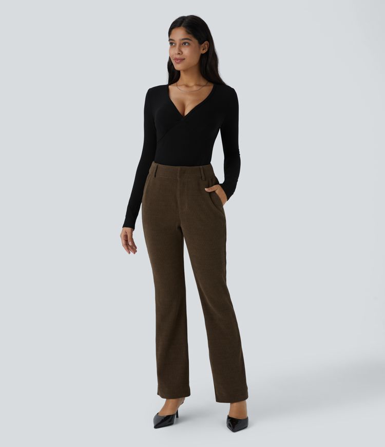High Waisted Side Pocket Chenille Work Slight Flare Trousers