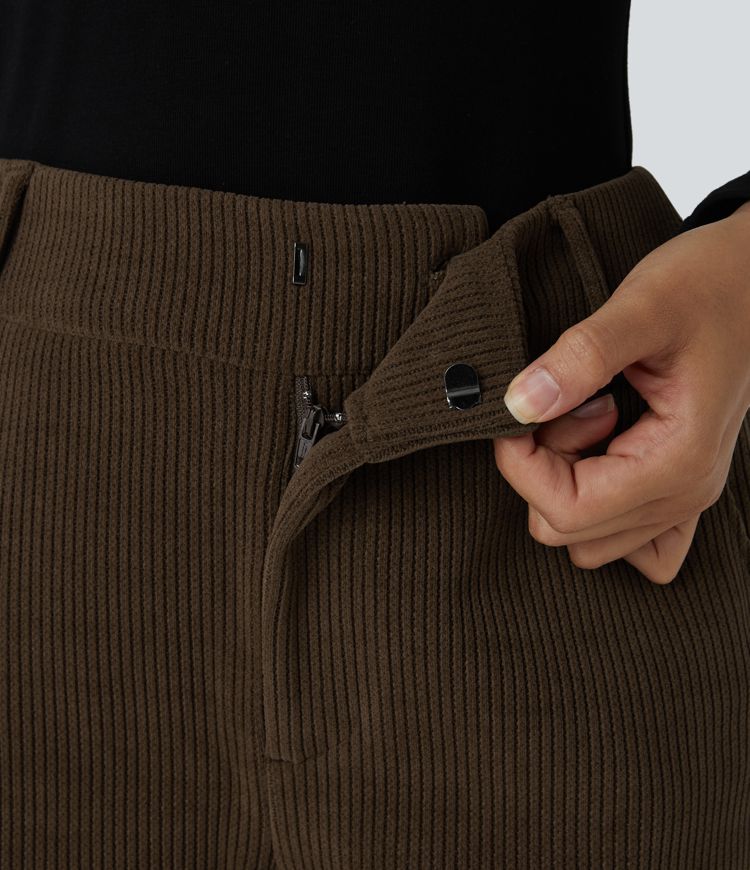 High Waisted Side Pocket Chenille Work Slight Flare Trousers