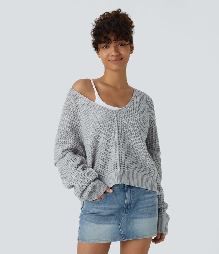 V Neck Long Sleeve Relaxed Casual Jumper