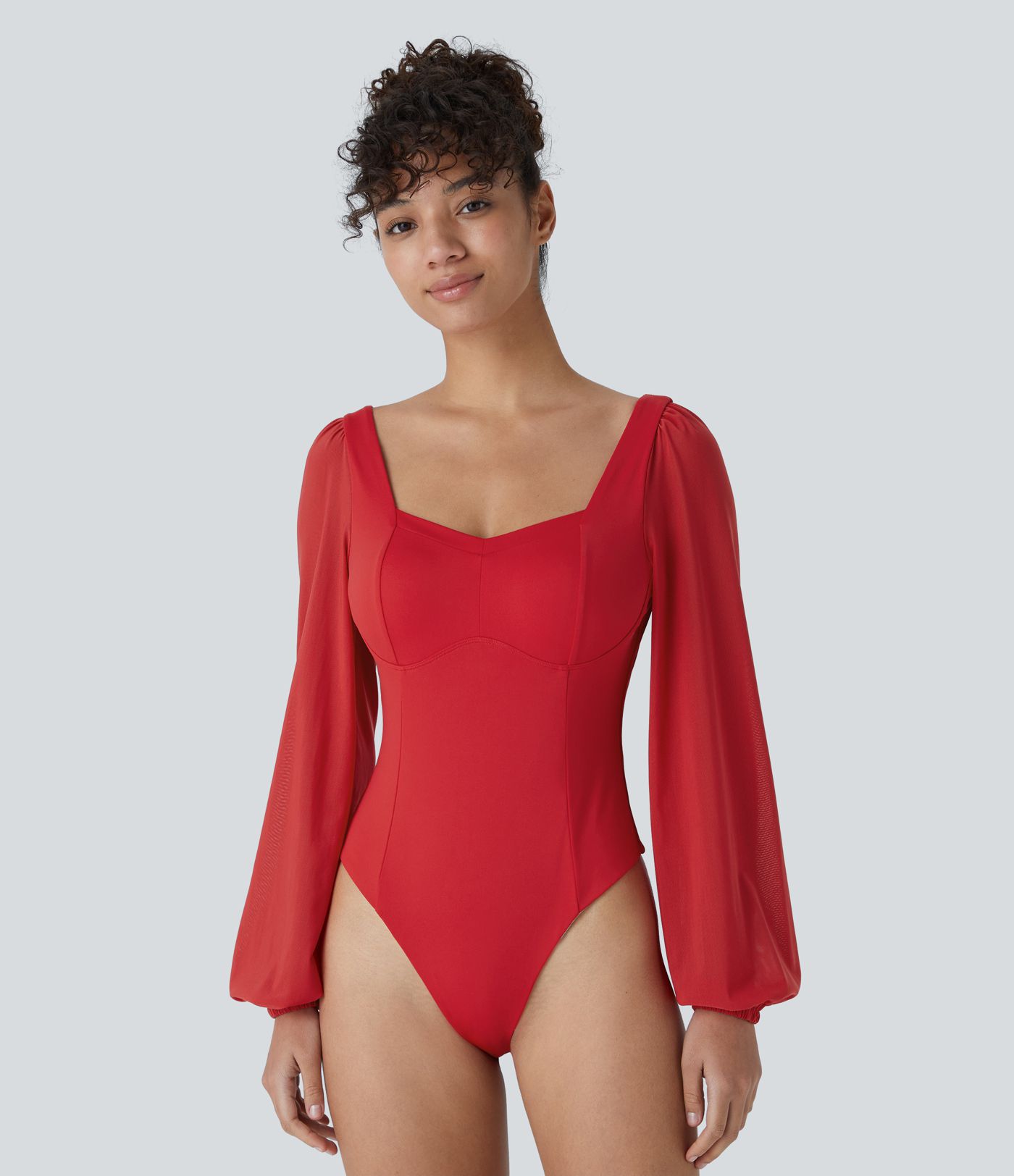 SoftlyZero™ Airy Sweetheart Neck Contrast Mesh Bishop Sleeve Cool Touch Casual Bodysuit-UPF50+