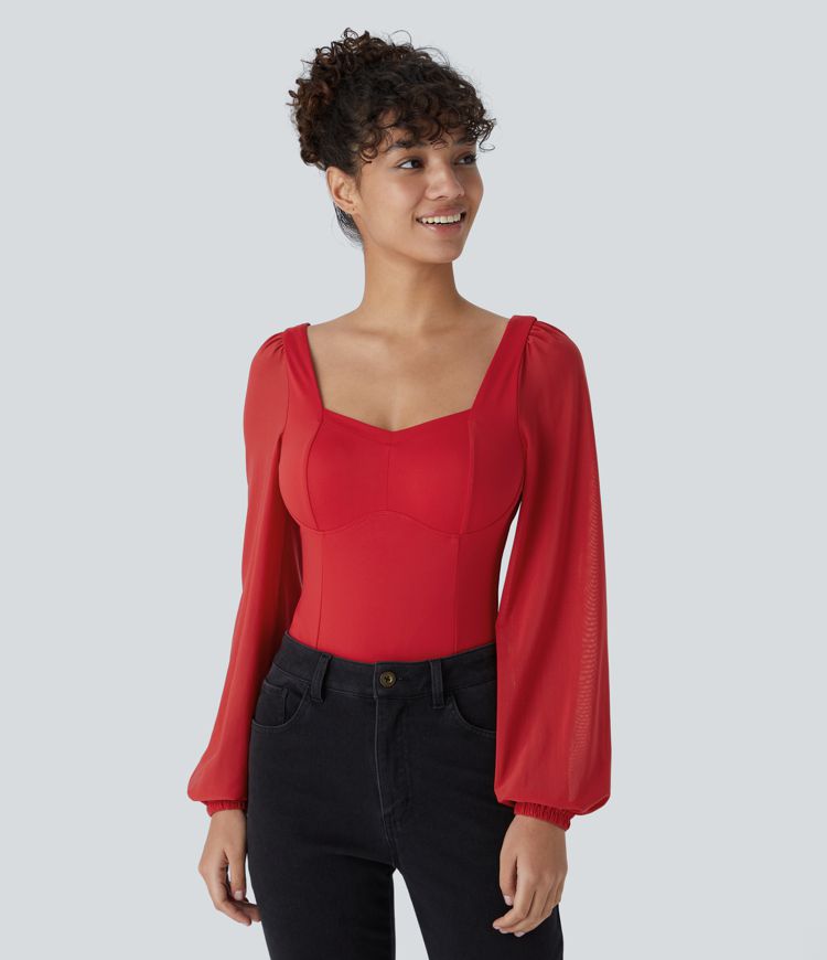 Softlyzero™ Airy Backless Sweetheart Neck Contrast Mesh Bishop Sleeve Button Cool Touch Casual Bodysuit-UPF50+