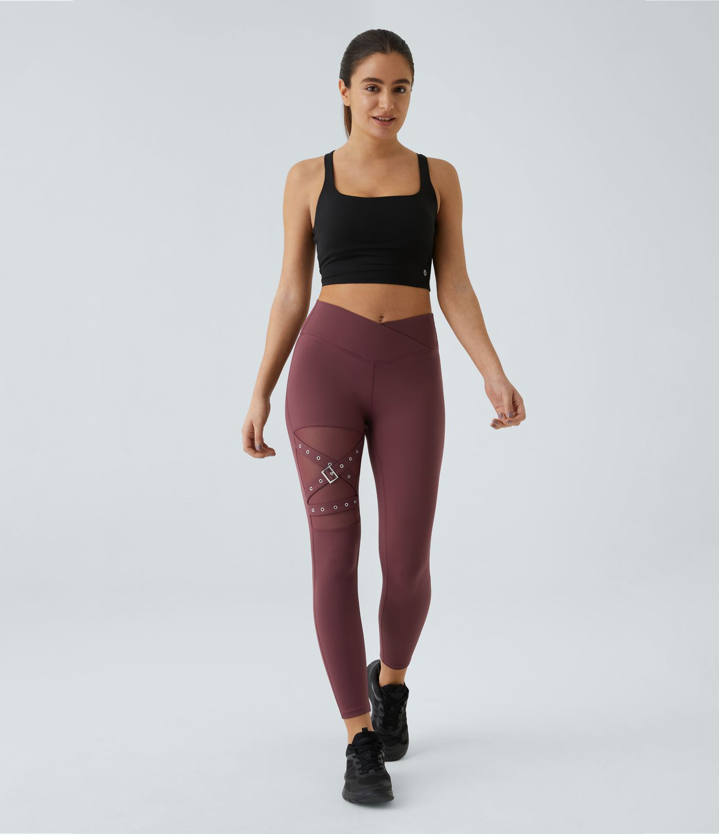 High waist crossover contrast mesh embellished buckle yoga leggings