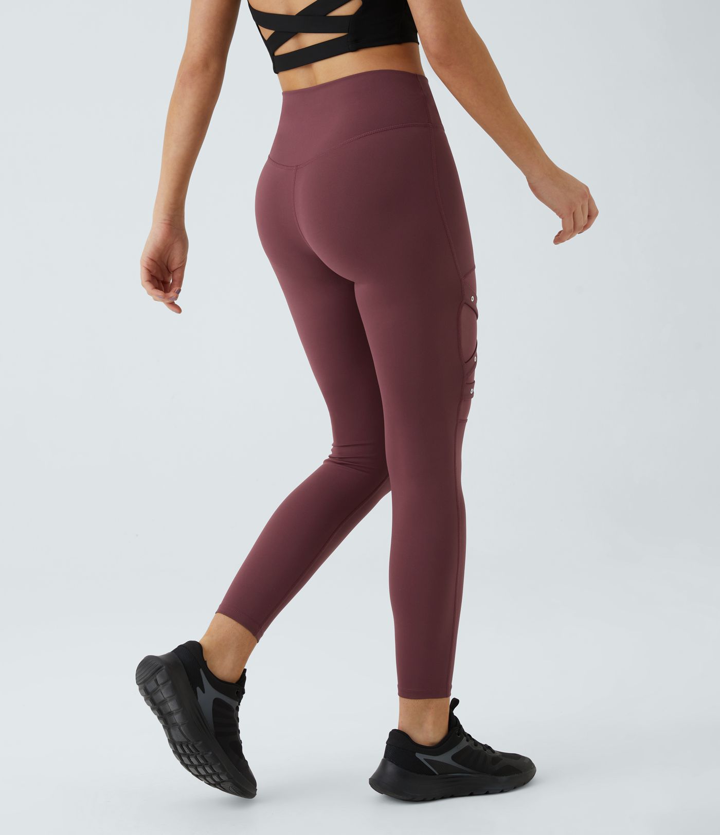 High waist crossover contrast mesh embellished buckle yoga leggings