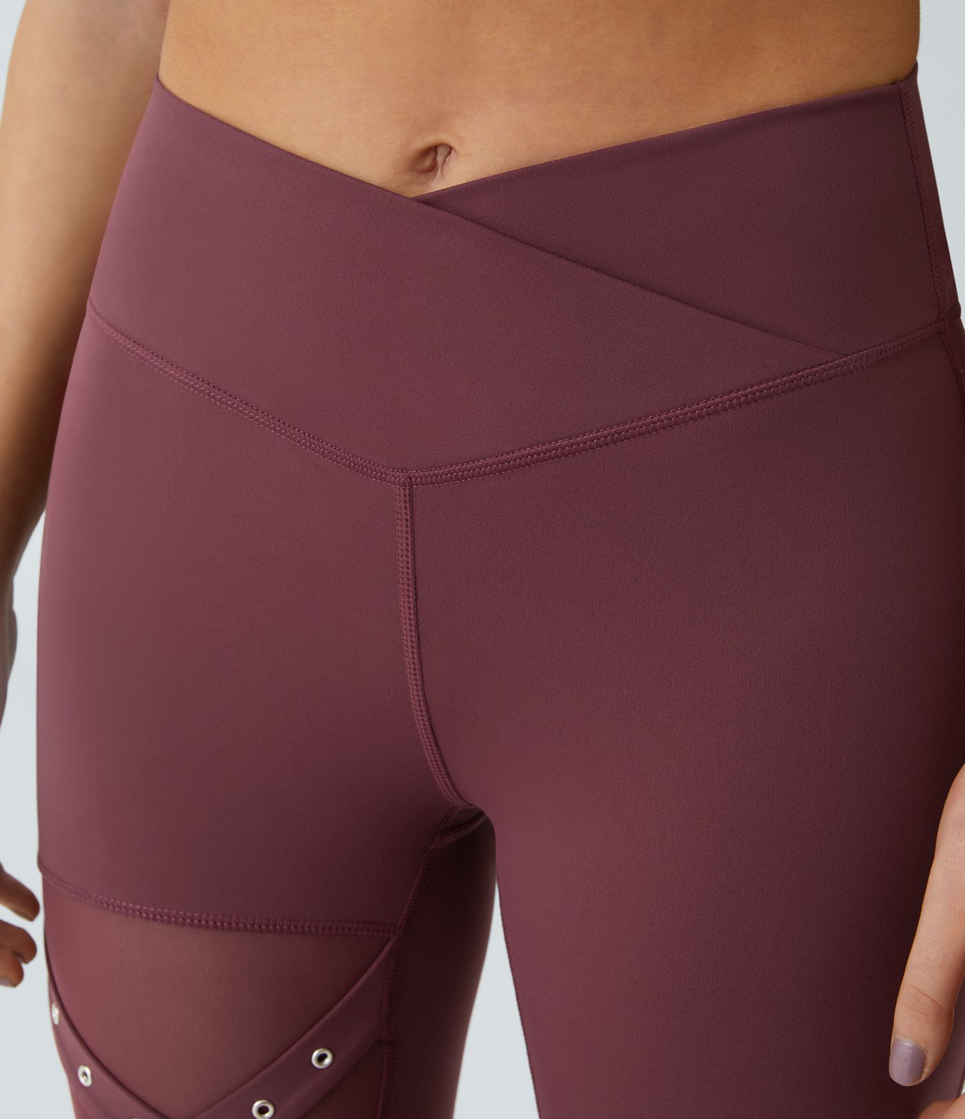 High waist crossover contrast mesh embellished buckle yoga leggings