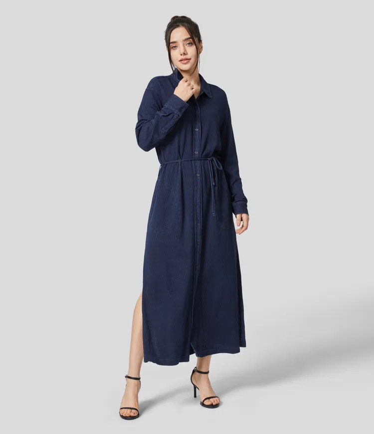 Halara Flex™ collar button front belt side pocket split hem washing stretch knit denim casual shirt dress