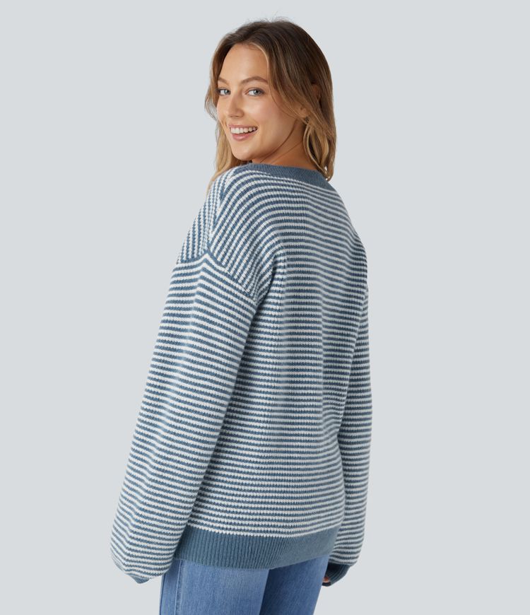 Scoop Neck Dropped Shoulder Color Block Stripe Relax Casual Jumper