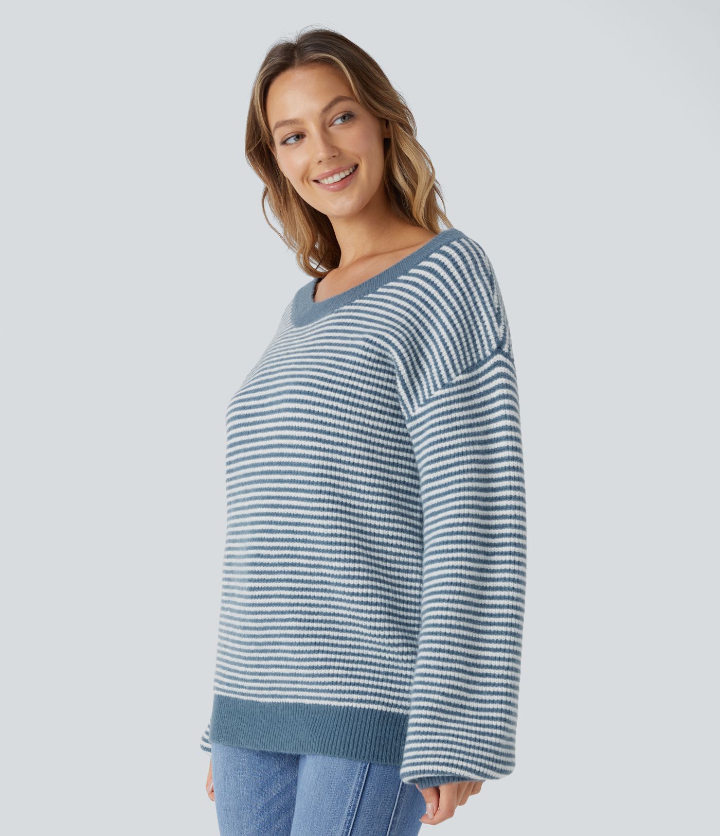 Scoop Neck Dropped Shoulder Color Block Stripe Relax Casual Jumper