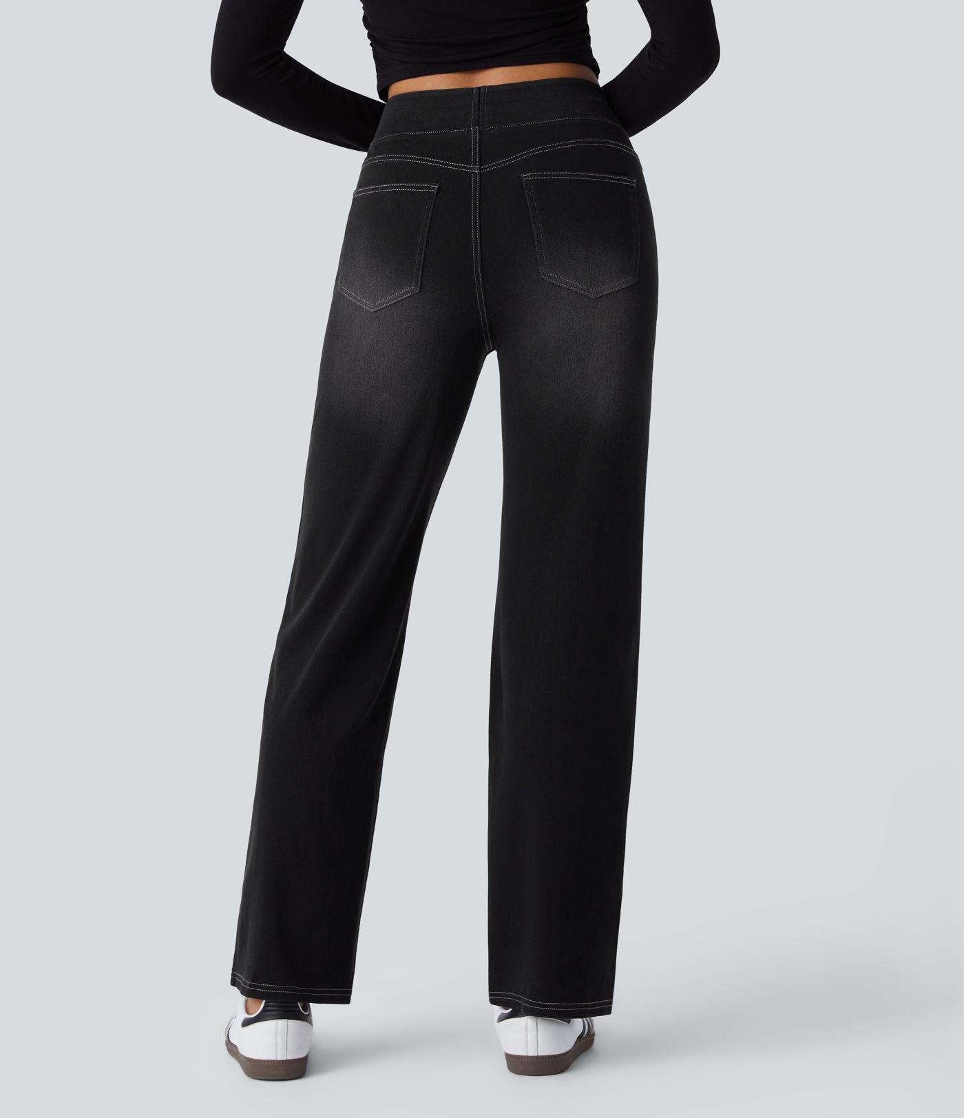 Relaxed fit High-waisted Halara Flex™ jeans, stretchy, faded, straight legs with multiple pockets