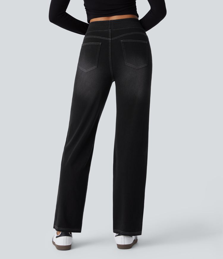 Relaxed fit High-waisted Halara Flex™ jeans, stretchy, faded, straight legs with multiple pockets
