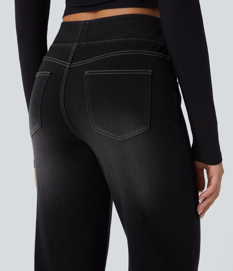 Relaxed fit High-waisted Halara Flex™ jeans, stretchy, faded, straight legs with multiple pockets