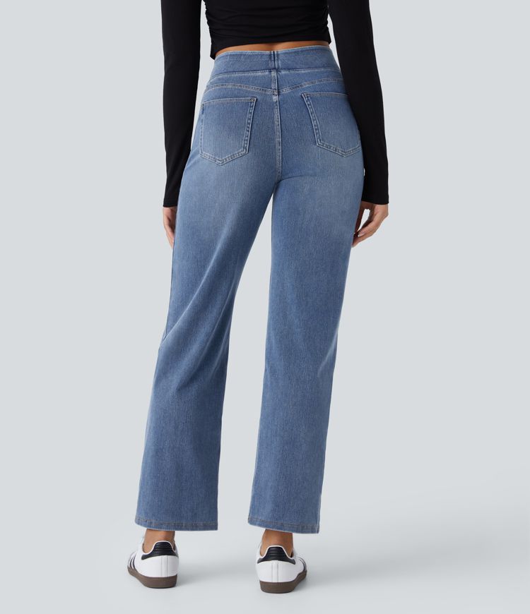 HalaraMagic™ High Waisted Multiple Pockets Straight Leg Washed Stretchy Knit Casual Jeans
