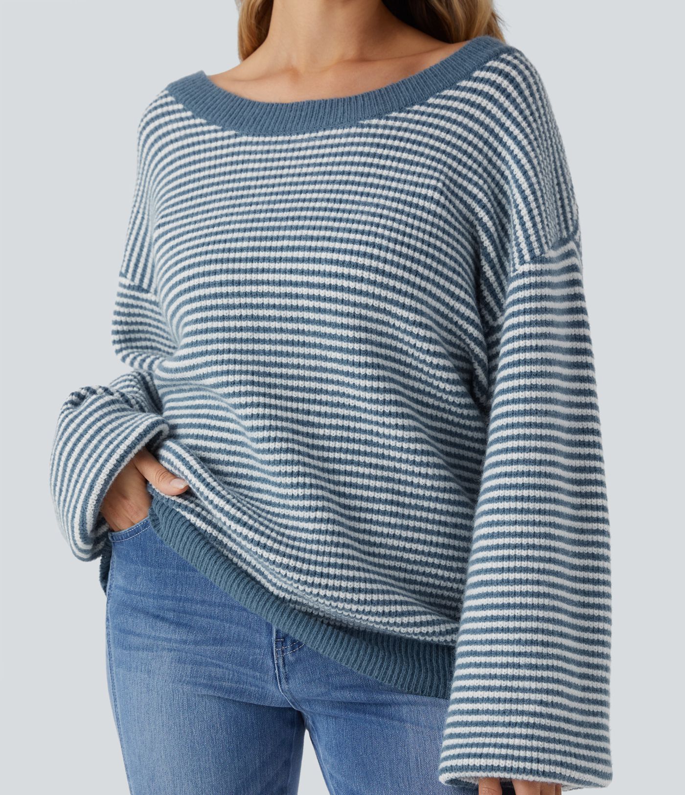 Scoop Neck Dropped Shoulder Color Block Stripe Relax Casual Jumper