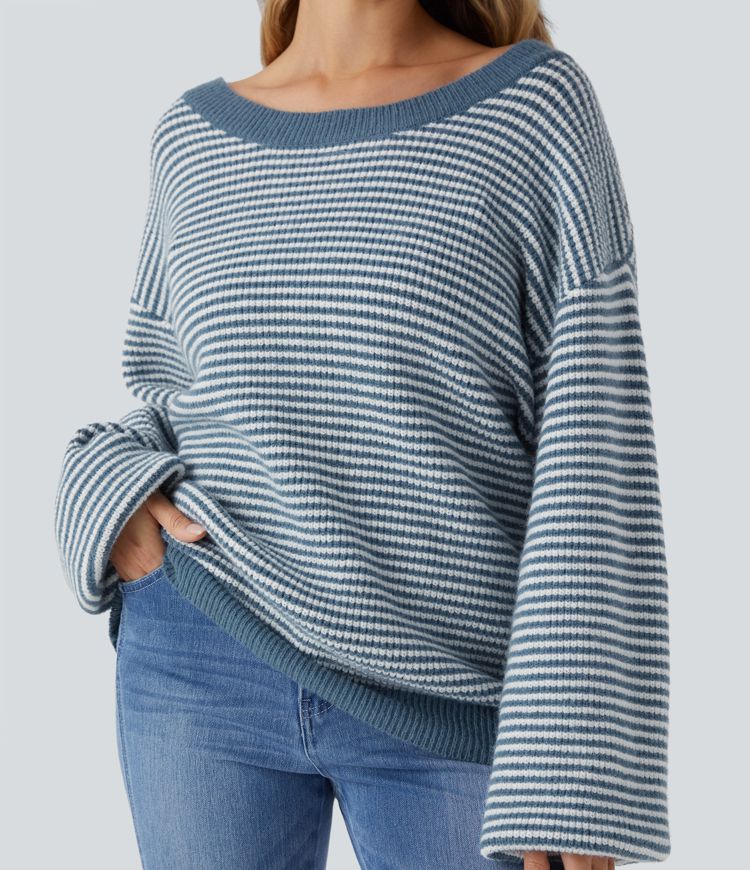 Scoop Neck Dropped Shoulder Color Block Stripe Relax Casual Jumper