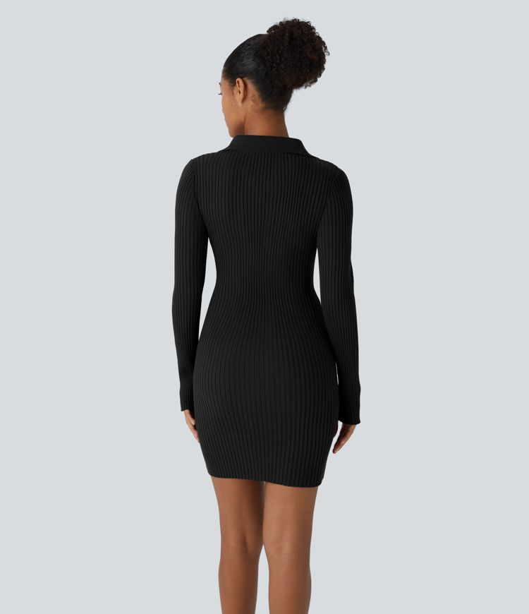 Collared V Neck Button Long Sleeve Bodycon Mini Casual Sweater Dress