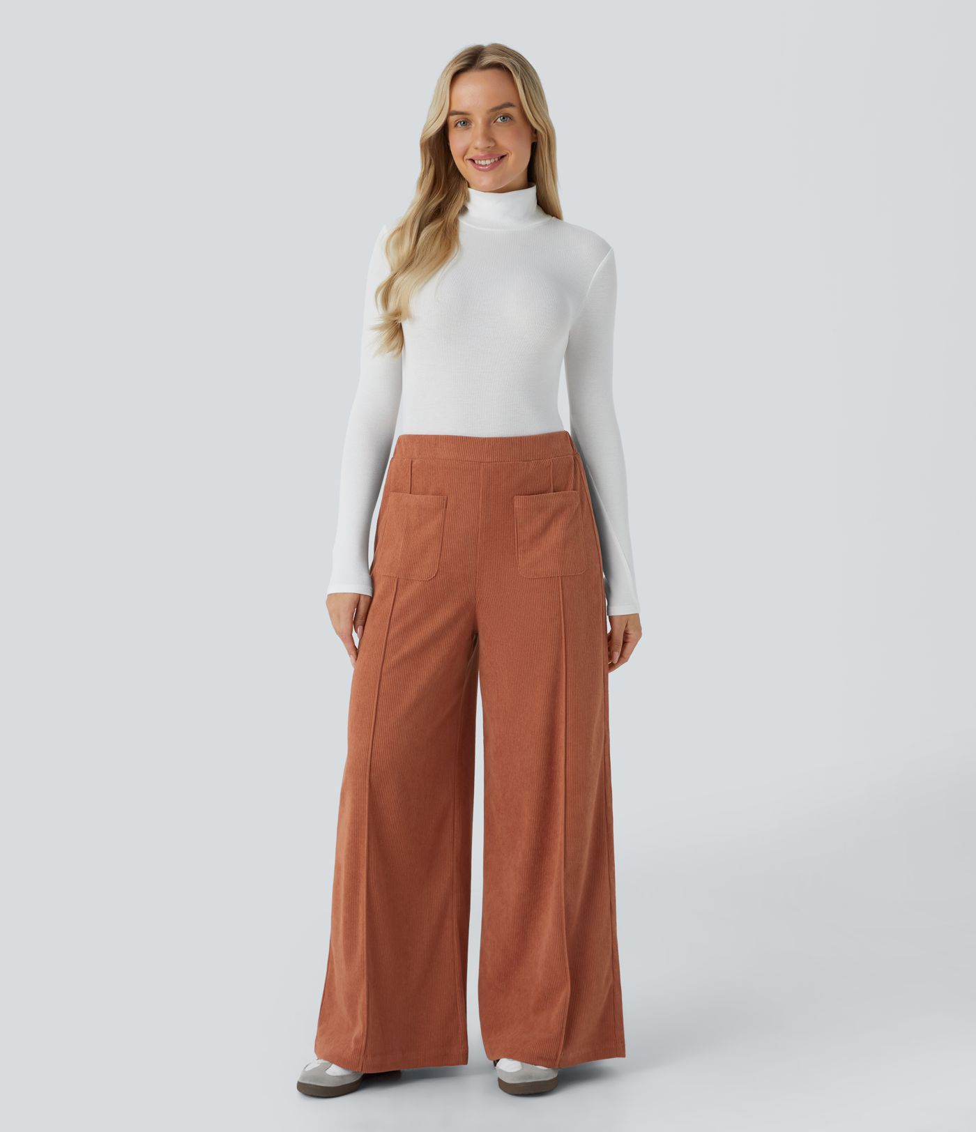Pantalon décontracté large en velours côtelé, taille haute, avec poches