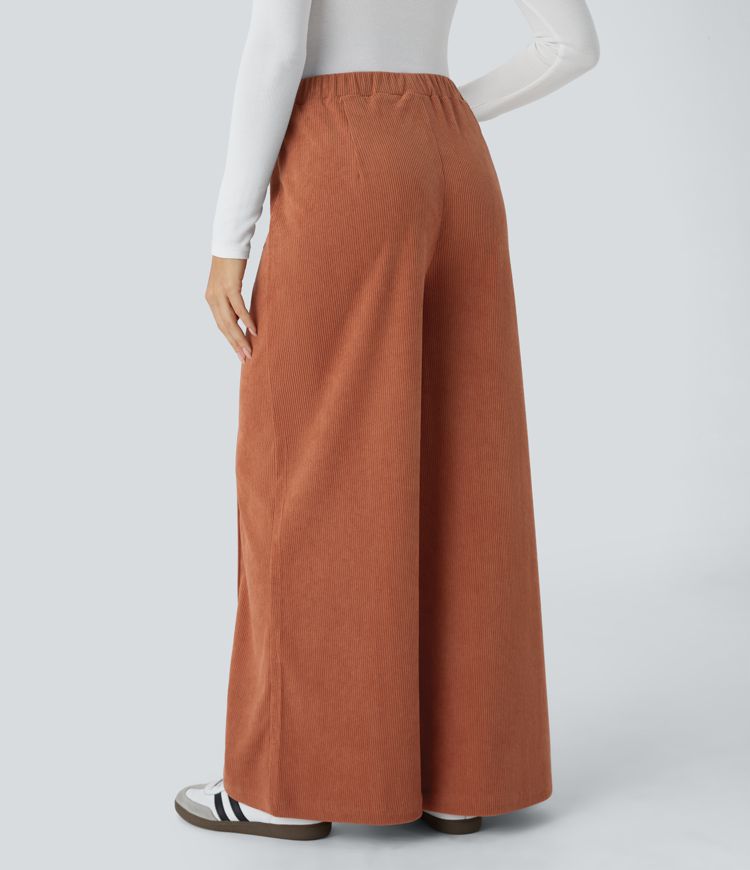 High Waist Front Side Pocket Wide Leg Corduroy Casual Pants