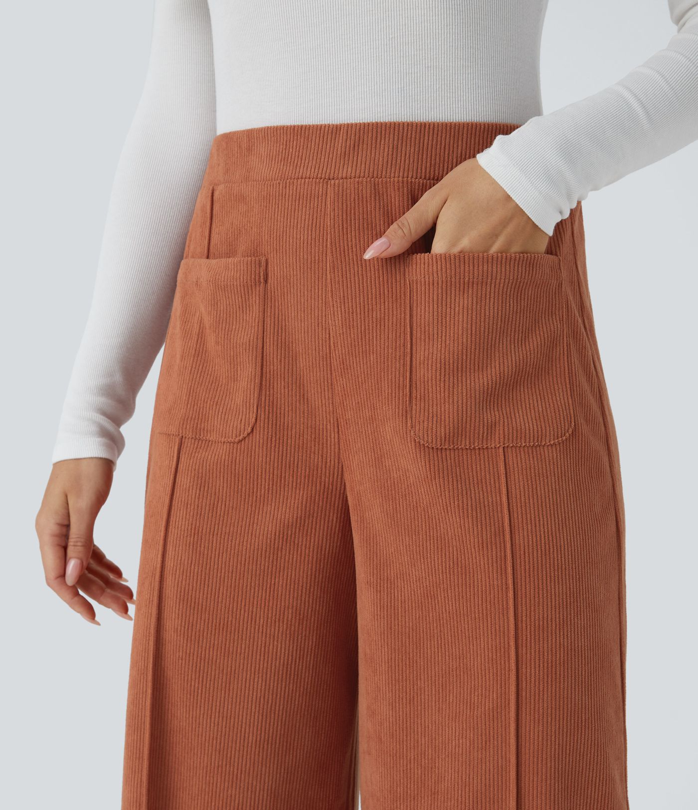 Pantalon décontracté large en velours côtelé, taille haute, avec poches