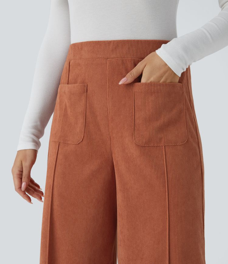 High Waist Front Side Pocket Wide Leg Corduroy Casual Pants
