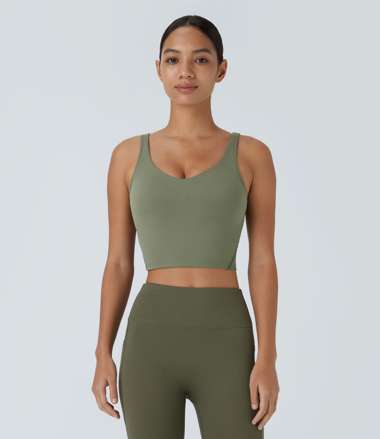 Gepolstertes, kurzes Yoga-Tanktop mit V-Ausschnitt - A-D Cups Gepolstertes, kurzes Yoga-Tanktop mit V-Ausschnitt - A-D Cups