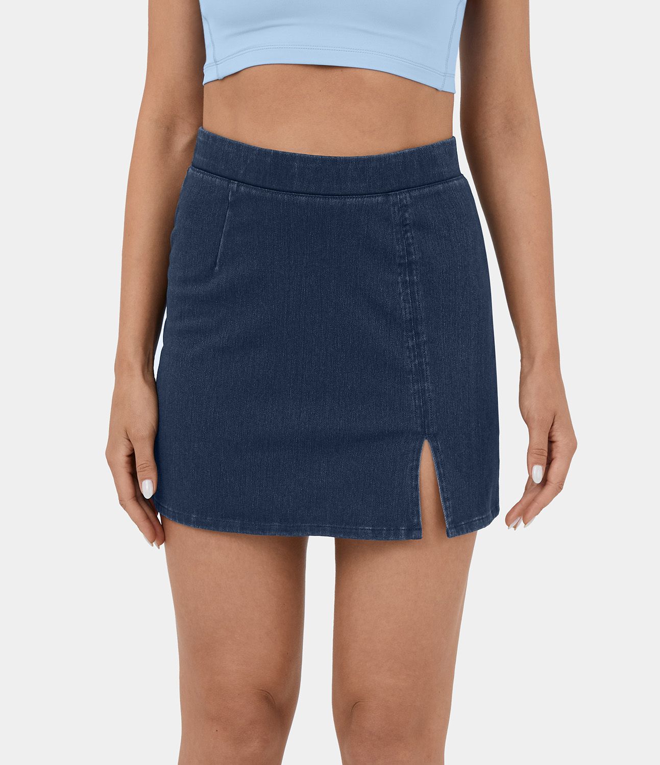 Halara Flex™ Casual Mini Skirt in Elastic Knit Denim with High Waist and Side Split Hem