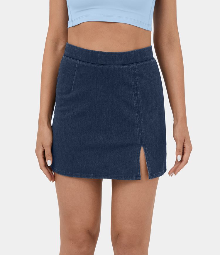 Halara Flex™ Mini-Jupe en Jean Casual Tricot Extensible à Taille Haute avec Ourlet Fendu