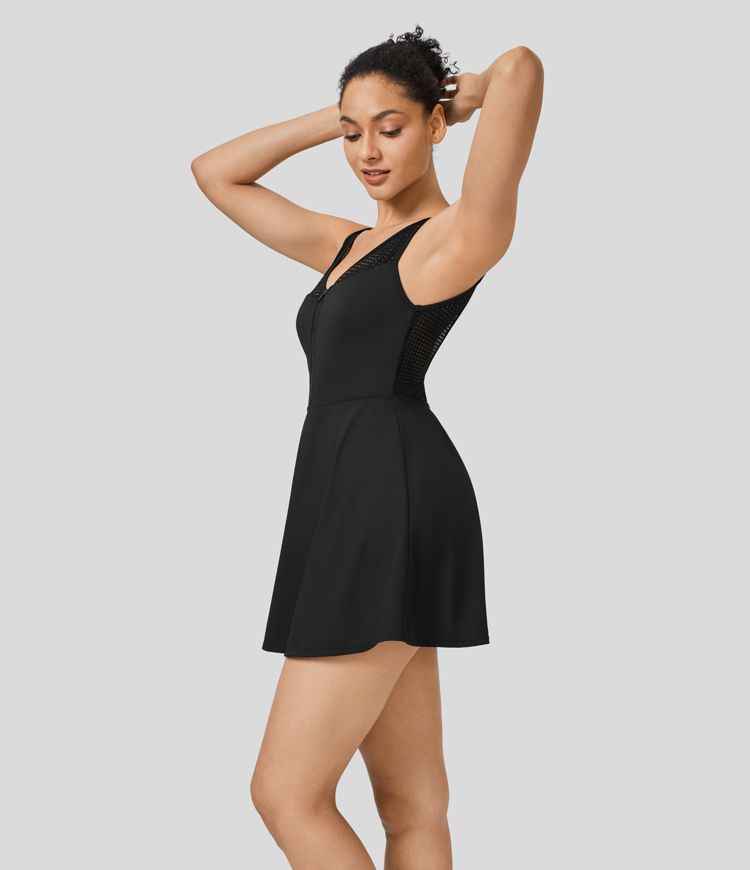 Mini Vestido Softlyzero™ QuickDry tenis secado rápido cuello V sin manga cremallera sin espalda malla contrastante bolsillo lateral 2 en 1