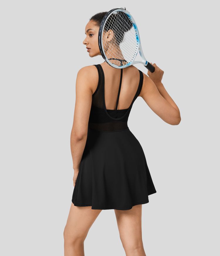 Mini Vestido Softlyzero™ QuickDry tenis secado rápido cuello V sin manga cremallera sin espalda malla contrastante bolsillo lateral 2 en 1