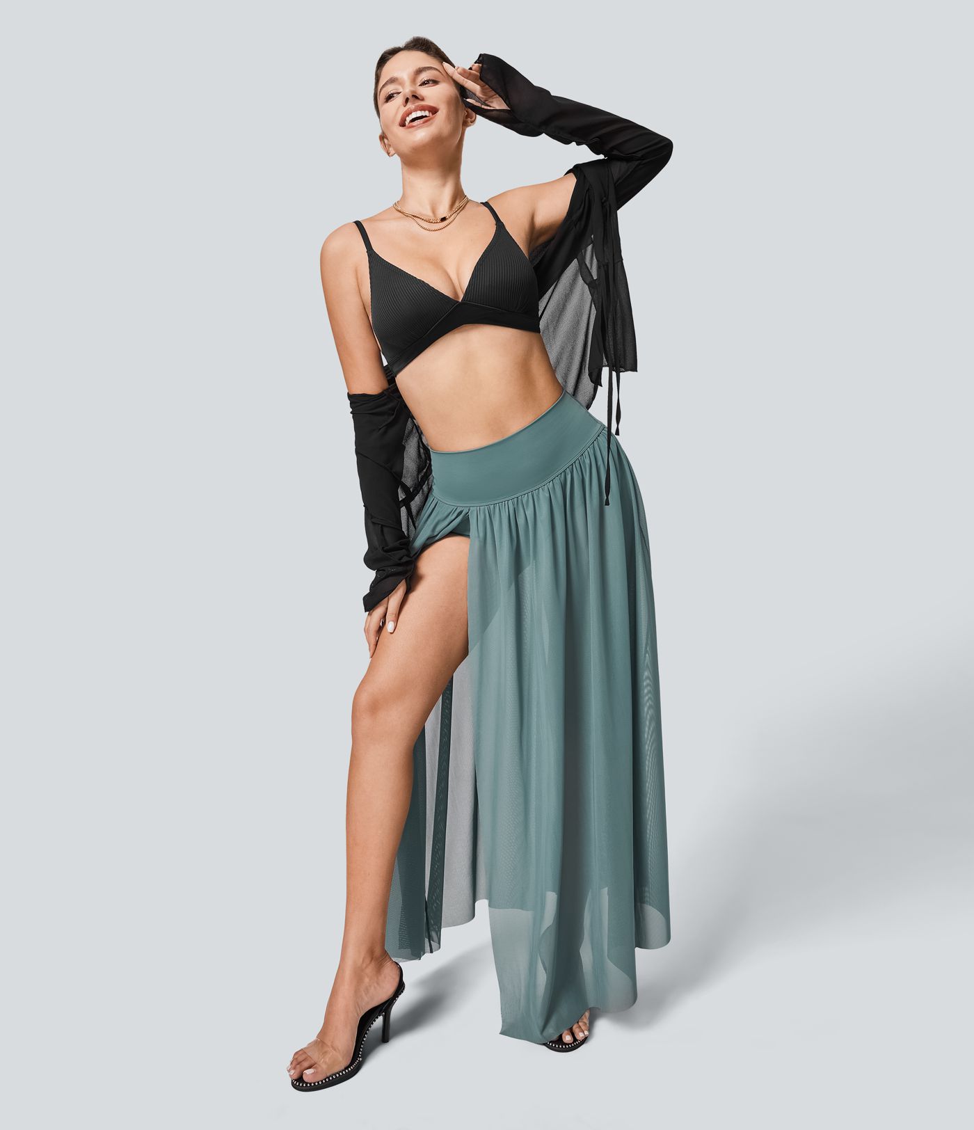 Flowy 2-in-1-Maxirock aus Mesh mit hohem Bund, Rock mit integrierter Hose lang