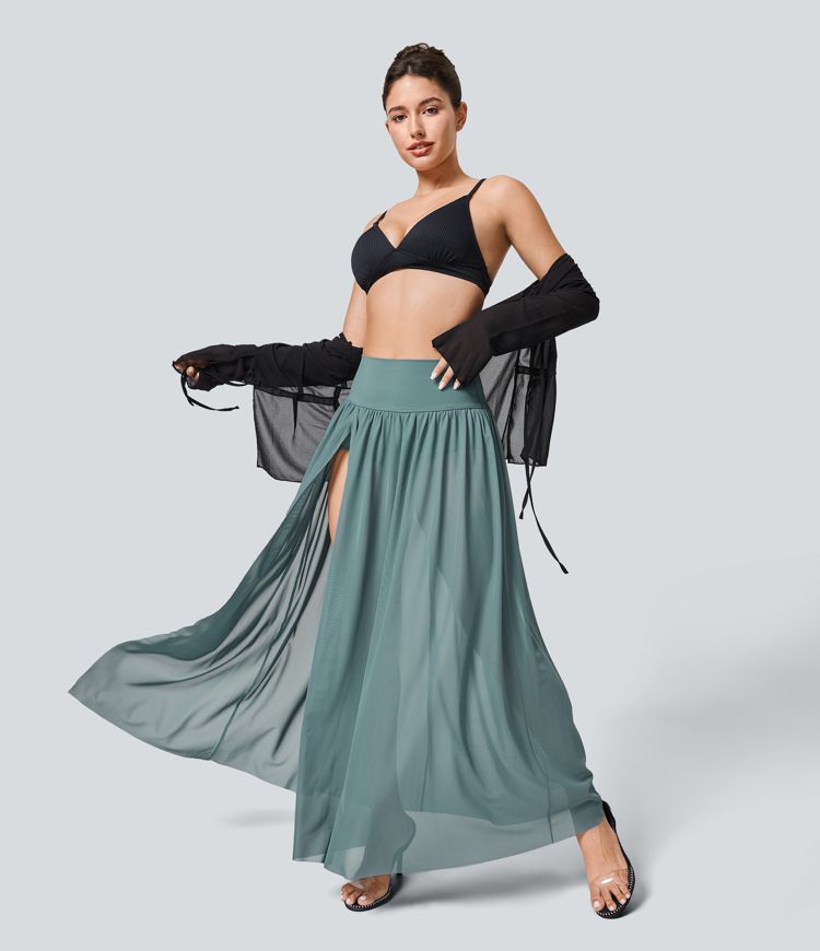 Jupe Casual Taille Haute Maxi Fluide Mesh Fente Plissée 2 en 1