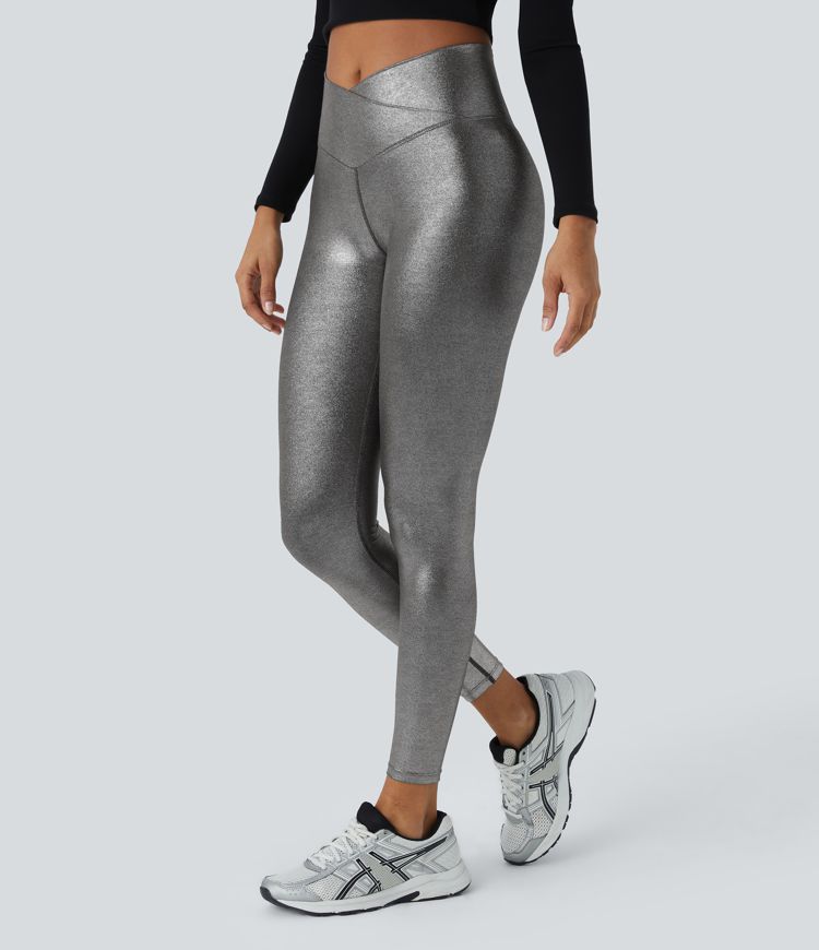 Softlyzero™ Faux Leather Crossover Back Pocket Foil Print Stretchy Casual Leggings