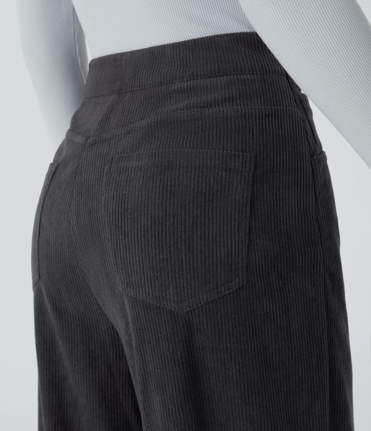 High Waisted Invisible Zipper Multiple Pockets Wide Leg Corduroy Work Trousers