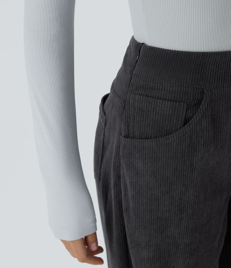 High Waisted Invisible Zipper Multiple Pockets Wide Leg Corduroy Work Trousers