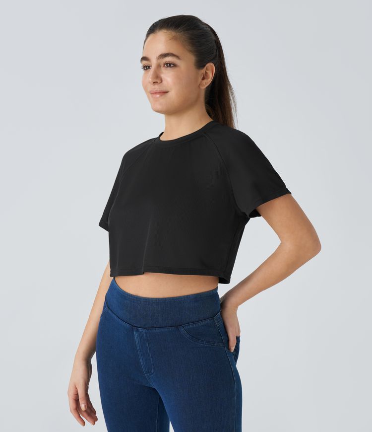 Raglan Sleeve Solid Cropped Waffle Casual Tee